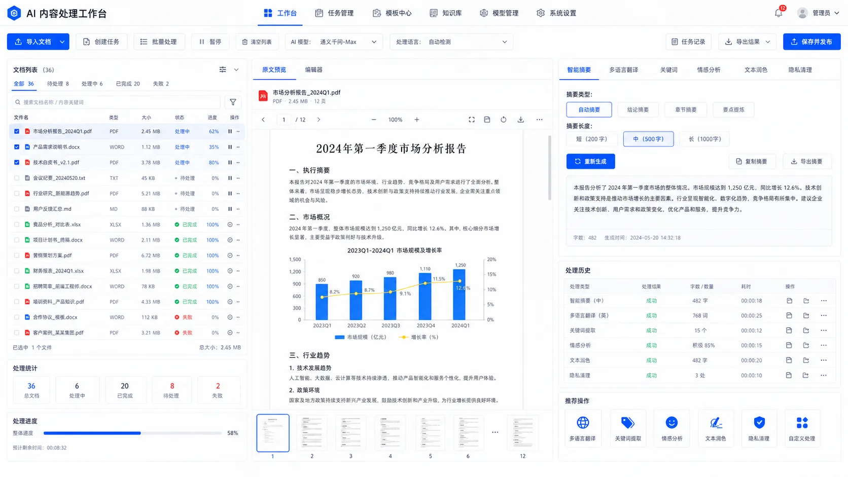 AI 内容处理工作台界面预览